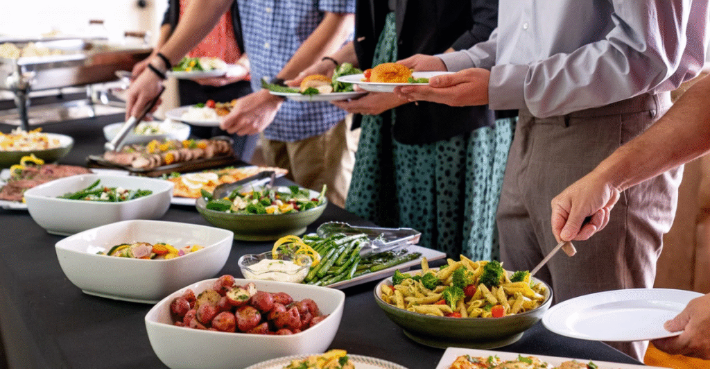 Employees enjoying a team lunch with Corporate Catering in Sims NC